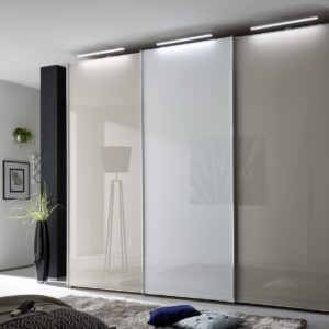 domus-melody-one-sliding-door-wardrobe-sand-and-white-glass-doors-with-fineline-exterior-lights-shiny-chrome-handles-and-trims